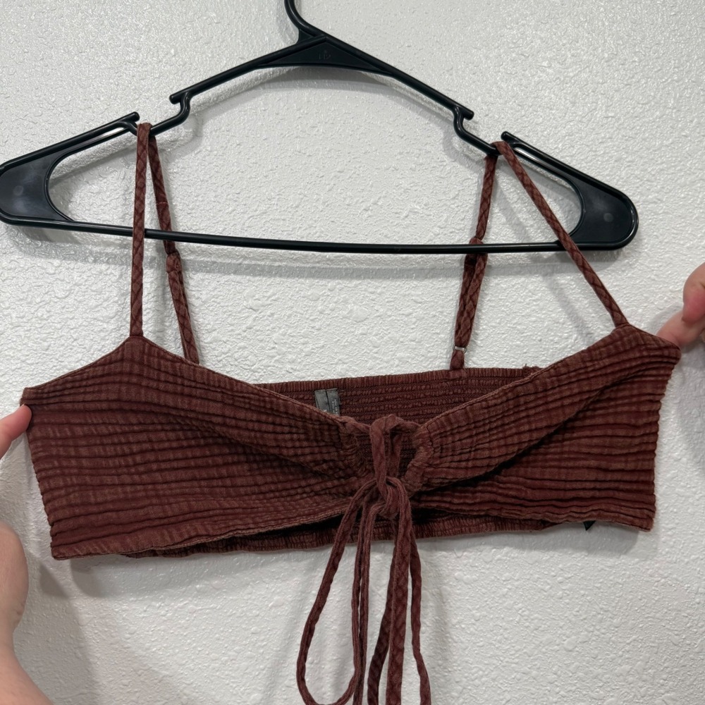 Anthropologie‎ Smocked Tie Front Crop Top Brown Textured Ribbed Strappy